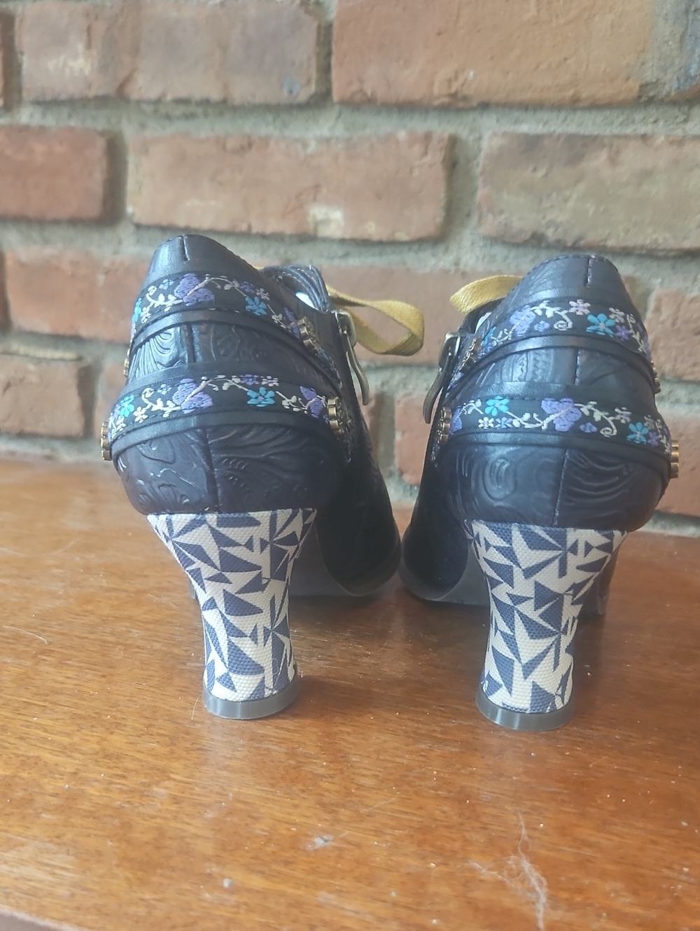 Women’s Black Embossed Leather Lace-Up Heels with Mustard Laces - Picture 3 of 6
